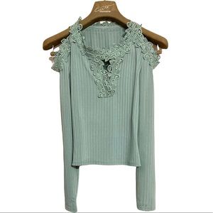 SM•SHEIN•MINT GREEN SEXY LACEY COLD SHOULDER TOP•